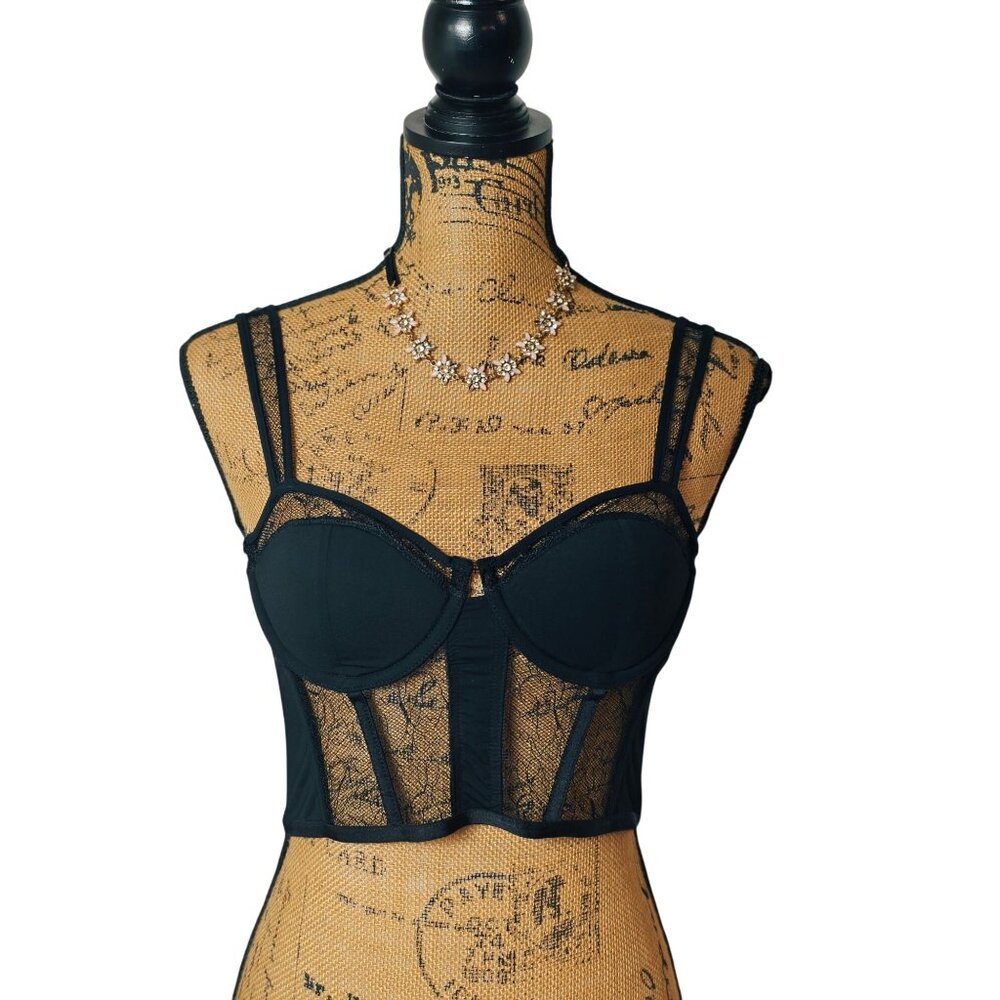 Hunter & Brown M Corset Bustier Black Illusion Lace Boning Intimate Sexy NEW